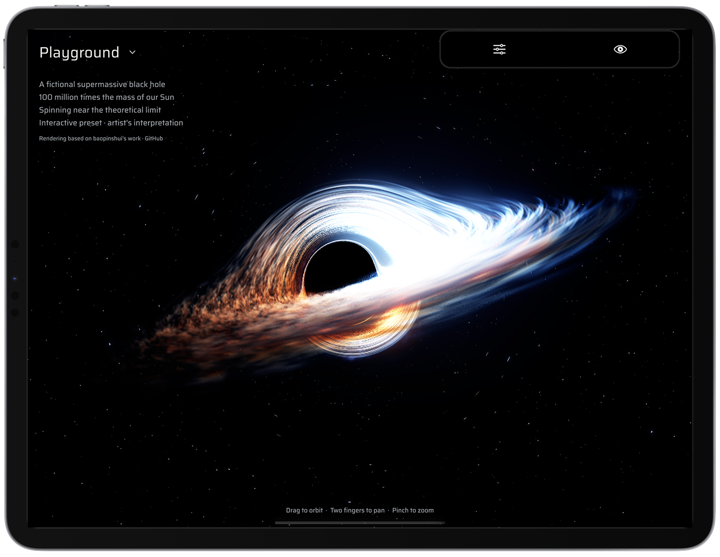 Black Hole Playground on iPad with the object description, Settings and eye buttons, and touch gesture hints visible.