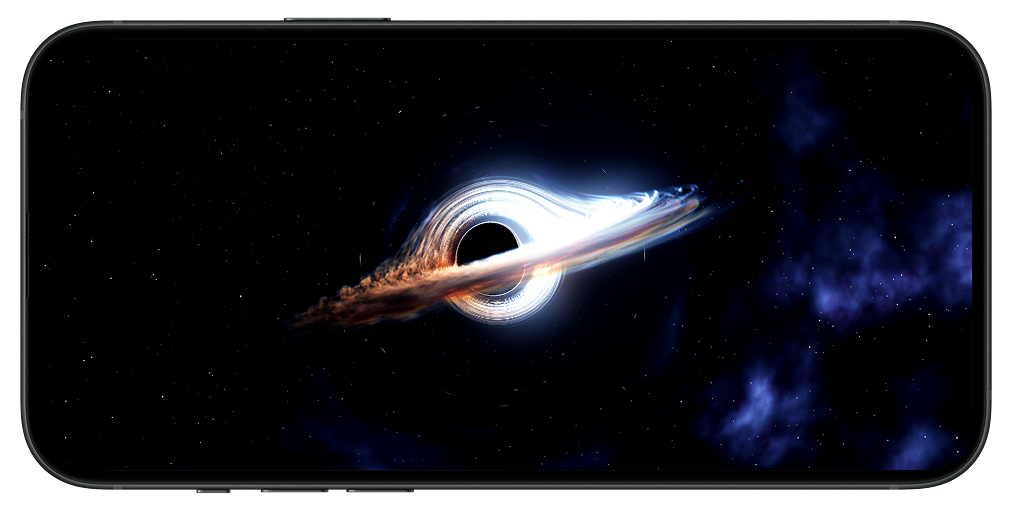 Black Hole Playground on iPhone in landscape, showing a glowing black hole with the interface hidden.