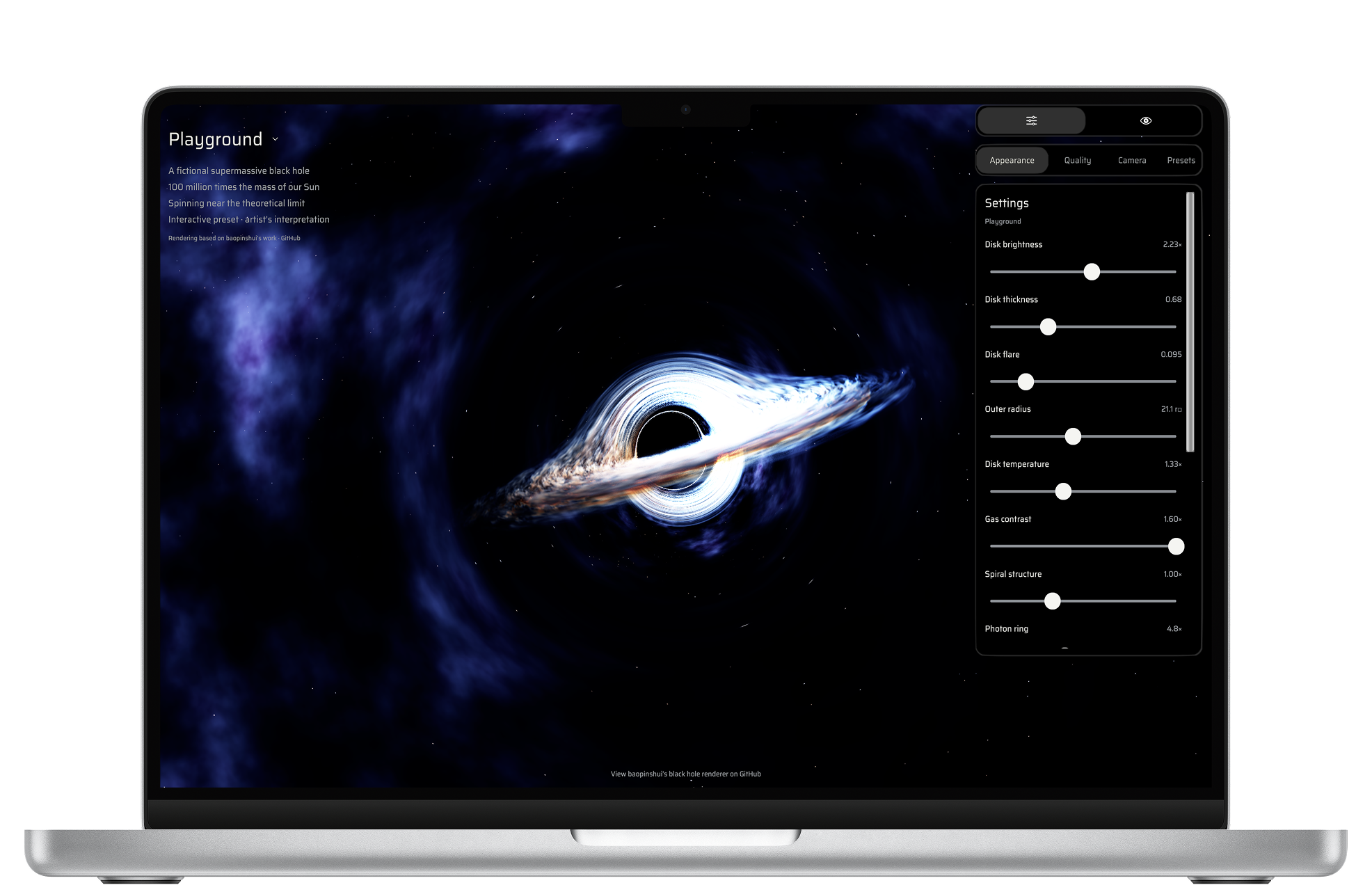 Black Hole Playground on Mac with the Playground description, black hole, and Appearance settings visible.