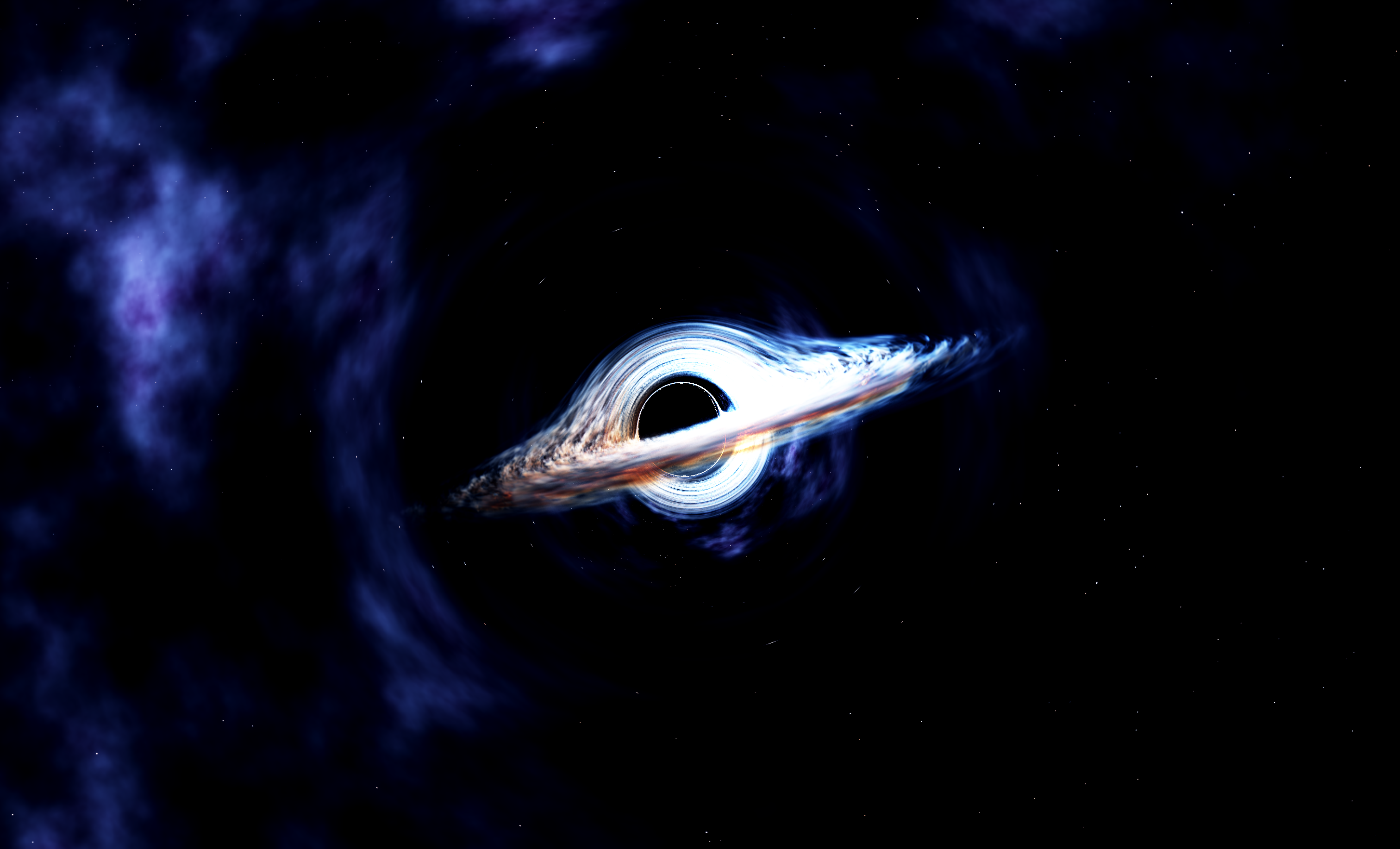 A glowing accretion disk bends around a black hole against a starry background.