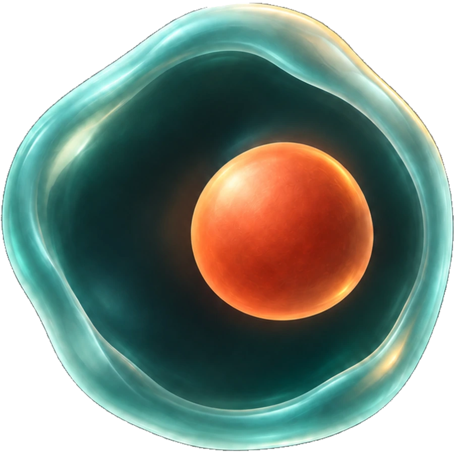 CELL artwork: a luminous teal cell surrounding a warm orange nucleus.