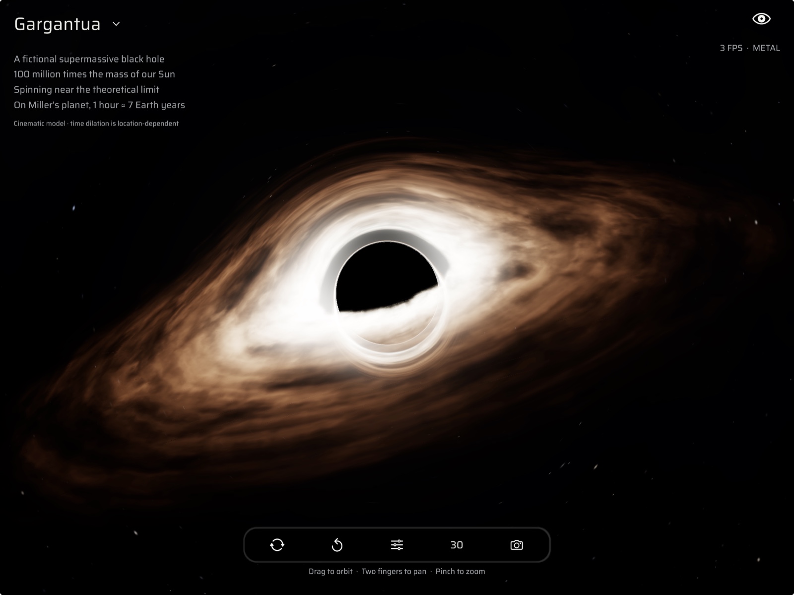 The iPad version of Gargantua showing a glowing black hole above its touch controls.