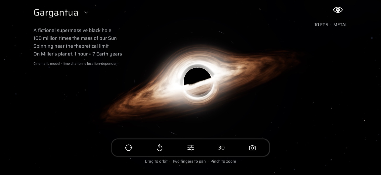 The iPhone version of Gargantua in landscape, with orbit, zoom, and screenshot controls.