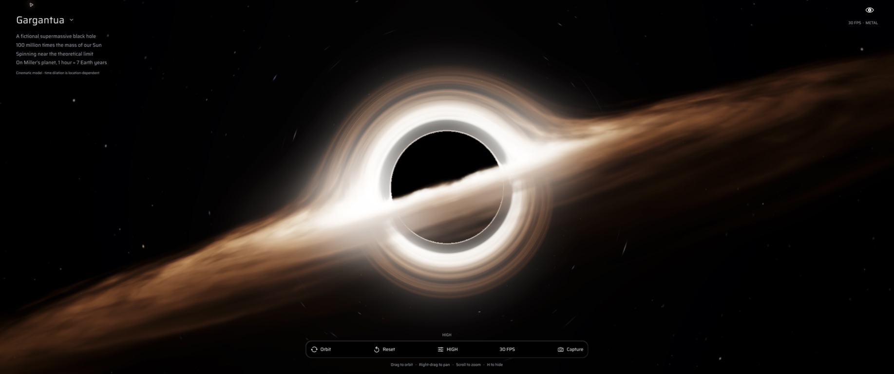 Gargantua on Mac with the black hole and its camera, quality, and screenshot controls.